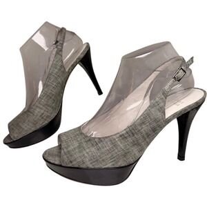 Stuart Weitzman Gray Linen Slingback Heels Peep Toe Platform Stiletto 8 Spain